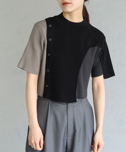 &g'aime（アンジェム）の「【&g’aime】アイレットボタンブロッキングニットトップス（ニット/セーター・レディース・パープル/ブラック/チャコールグレー・FREE）」の4枚目の写真