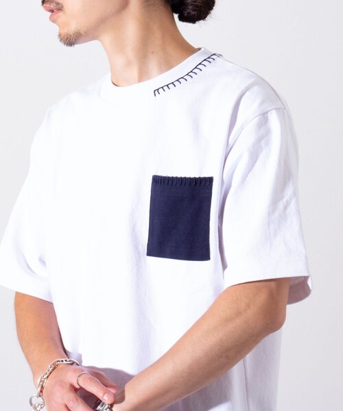 GLOSTER(グロスター)の「【GLOSTER/グロスター】ニットポケット ハンドステッチ ポケットTシャツ 配色ステッチ ポケT(Tシャツ/カットソー・メンズ・ホワイト/ミント/ネイビー・S/M/L)」の2枚目の写真