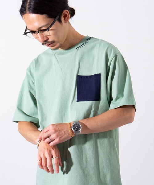 GLOSTER(グロスター)の「【GLOSTER/グロスター】ニットポケット ハンドステッチ ポケットTシャツ 配色ステッチ ポケT(Tシャツ/カットソー・メンズ・ホワイト/ミント/ネイビー・S/M/L)」の3枚目の写真