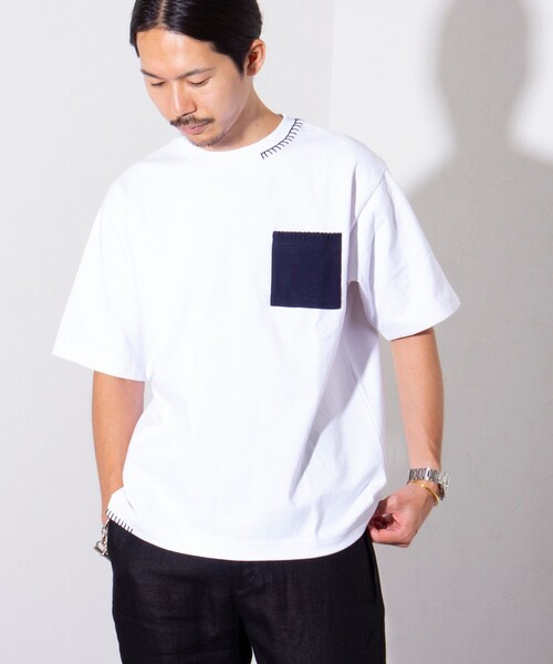 GLOSTER(グロスター)の「【GLOSTER/グロスター】ニットポケット ハンドステッチ ポケットTシャツ 配色ステッチ ポケT(Tシャツ/カットソー・メンズ・ホワイト/ミント/ネイビー・S/M/L)」の16枚目の写真