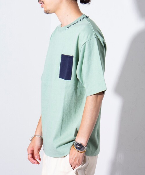 GLOSTER(グロスター)の「【GLOSTER/グロスター】ニットポケット ハンドステッチ ポケットTシャツ 配色ステッチ ポケT(Tシャツ/カットソー・メンズ・ホワイト/ミント/ネイビー・S/M/L)」の4枚目の写真