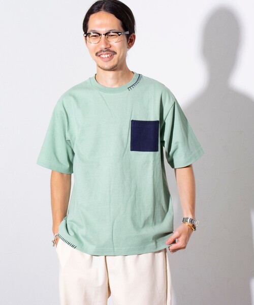 GLOSTER(グロスター)の「【GLOSTER/グロスター】ニットポケット ハンドステッチ ポケットTシャツ 配色ステッチ ポケT(Tシャツ/カットソー・メンズ・ホワイト/ミント/ネイビー・S/M/L)」の6枚目の写真