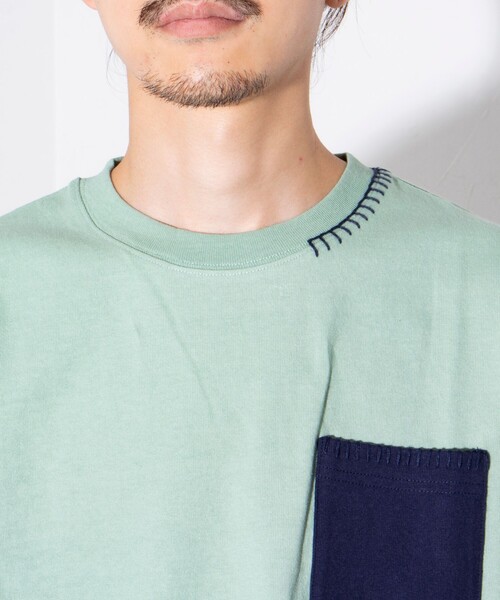 GLOSTER(グロスター)の「【GLOSTER/グロスター】ニットポケット ハンドステッチ ポケットTシャツ 配色ステッチ ポケT(Tシャツ/カットソー・メンズ・ホワイト/ミント/ネイビー・S/M/L)」の7枚目の写真