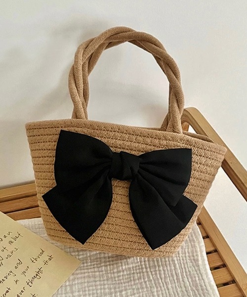 shopnikoniko（ショップニコニコ）の「ビックリボン かごバッグ ミニ トートバッグ バレエコア ねじれハンドル（ハンドバッグ・レディース・ベージュ/ホワイト・フリー）」の6枚目の写真