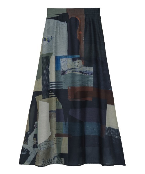 新品：ART COLLAGE PRINT SHEER SKIRT Ameri 青 Ameri（アメリ）の「ART COLLAGE PRINT SHEER SKIRT（スカート）」 - WEAR
