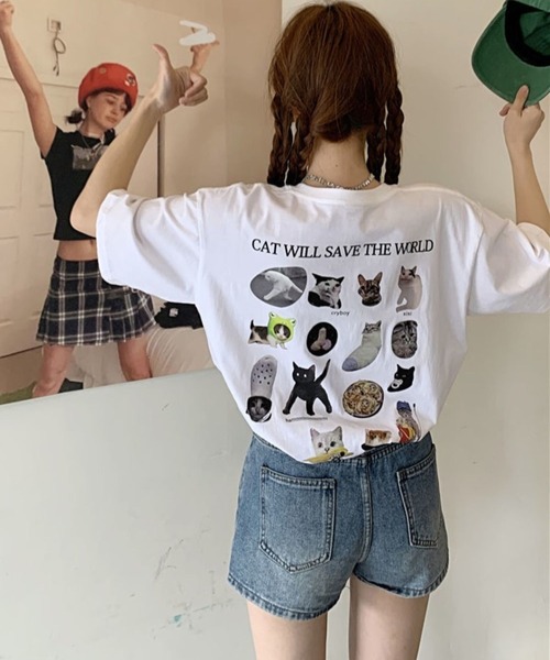 キャットプリントドットタイカラールーズTシャツ