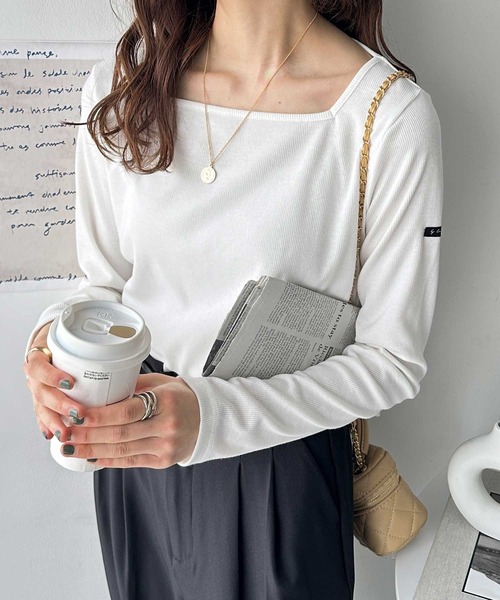 セール】【新色追加】ピスネーム付スクエアネックリブトップス（長袖