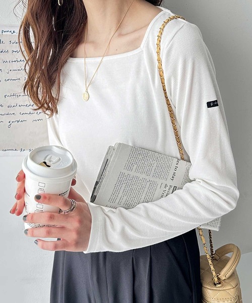 セール】【新色追加】ピスネーム付スクエアネックリブトップス（長袖