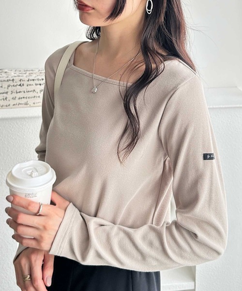 セール】【新色追加】ピスネーム付スクエアネックリブトップス（長袖