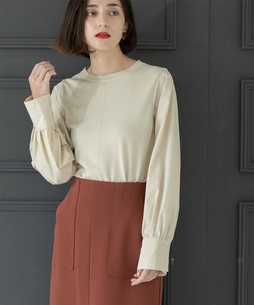 OPAQUE.CLIP（オペークドットクリップ）の「◆異素材切り替えニット【洗濯機洗い可】（ニット/セーター・レディース・チャコールグレー/モスグリーン/ブラック/ライトベージュ・38/36/42/40）」の3枚目の写真