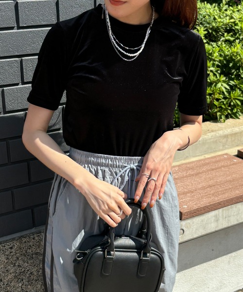 ISOOK(アイスー)の「【ISOOK / アイスー】ベロアTシャツ / ベロアトップス 半袖 ベルベット 秋トップス(Tシャツ/カットソー・レディース・ブルーグレー/ブラック・FREE)」の20枚目の写真