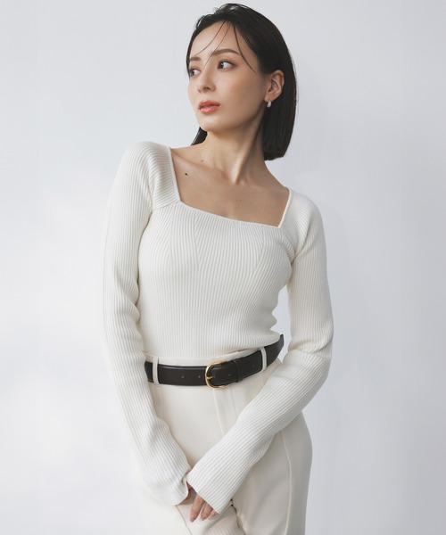 anuans 24AW カシミヤブレンドデコルテリブニットプルオーバー カシミヤブレンドデコルテリブニットプルオーバー/マシン