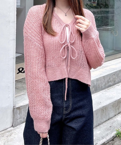 セール】フロントリボンモヘアニットカーディガン（カーディガン
