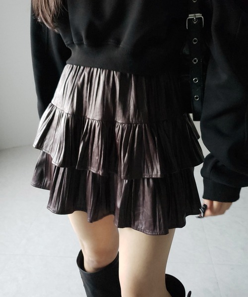 インパン裏地付 】ダブルフリルフェイクレザーミニスカート