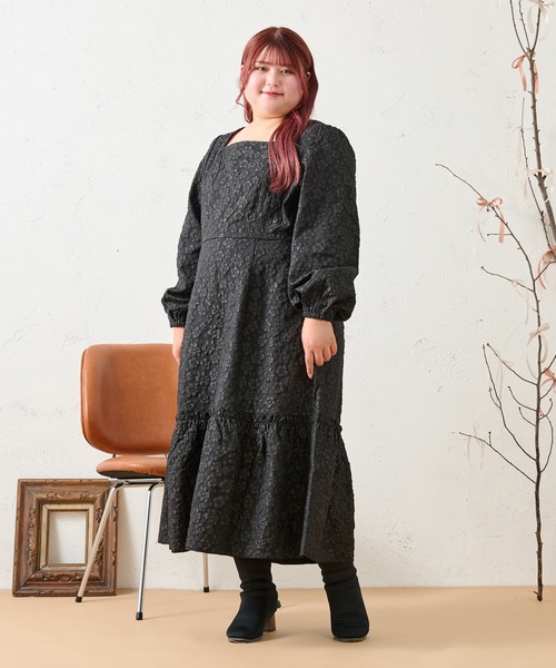 Yukka　　 フラワー　ジャガード　ワンピース セール】【大きいサイズ】フラワージャガードワンピース