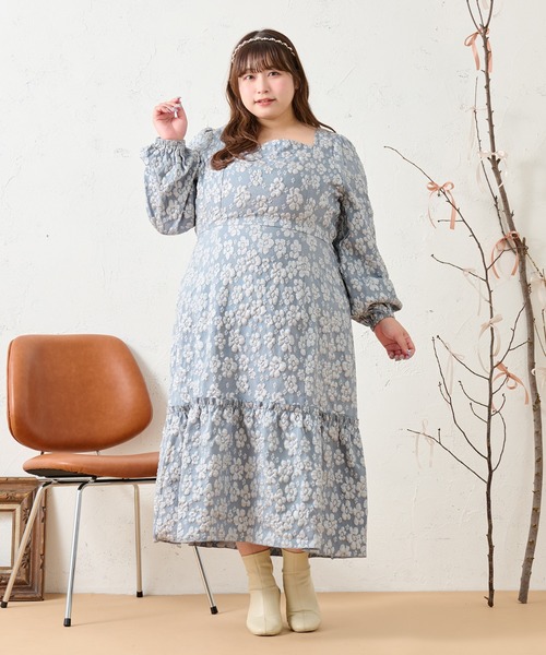 セール】【大きいサイズ】フラワージャガードワンピース