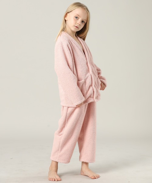 キッズ 長袖テディなモコモコ前開きパステルルームウェア 上下2点