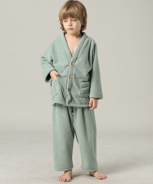 キッズ 長袖テディなモコモコ前開きパステルルームウェア 上下2点