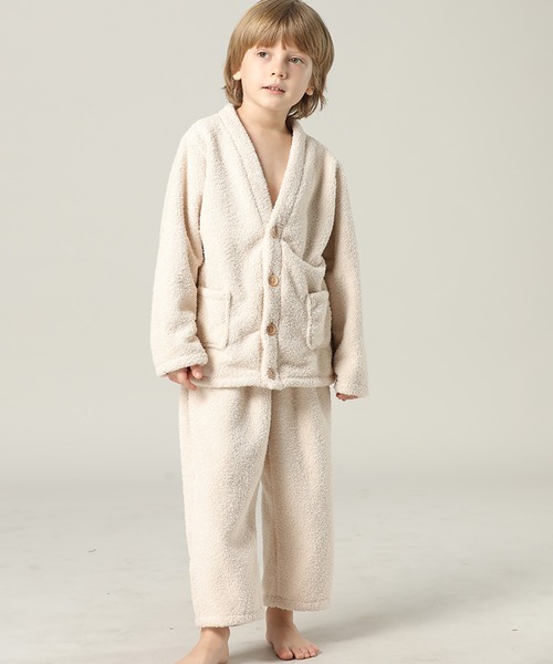 キッズ 長袖テディなモコモコ前開きパステルルームウェア 上下2点