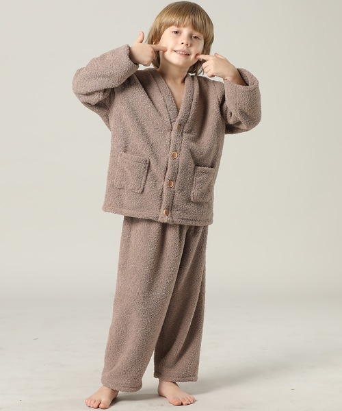 【即日発送‼️】テディベア ルームウェアセット キッズ 長袖テディなモコモコ前開きパステルルームウェア 上下2点