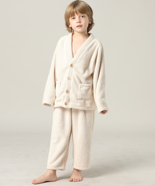 キッズ 長袖テディなモコモコ前開きパステルルームウェア 上下2点