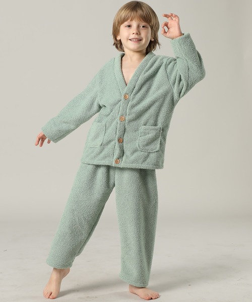 キッズ 長袖テディなモコモコ前開きパステルルームウェア 上下2点