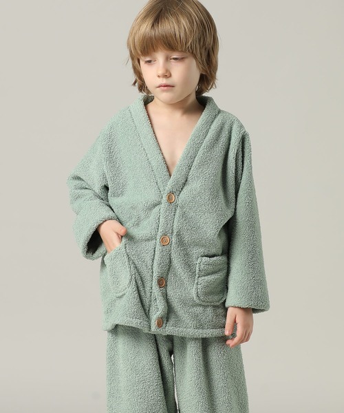 キッズ 長袖テディなモコモコ前開きパステルルームウェア 上下2点