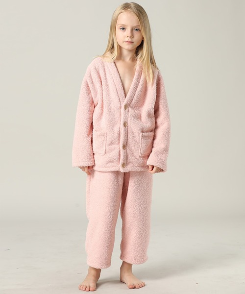 キッズ 長袖テディなモコモコ前開きパステルルームウェア 上下2点