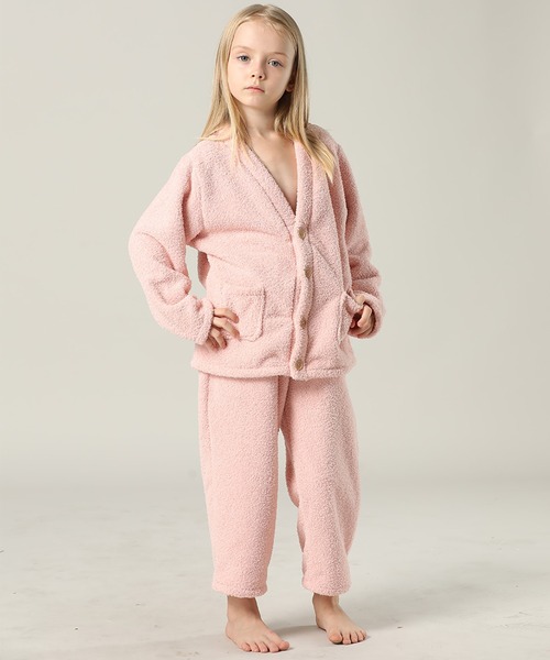 キッズ 長袖テディなモコモコ前開きパステルルームウェア 上下2点
