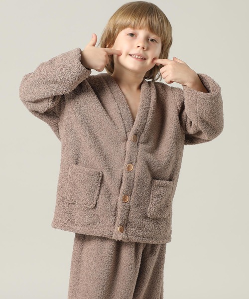 キッズ 長袖テディなモコモコ前開きパステルルームウェア 上下2点