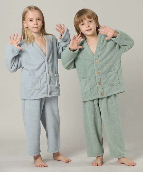 キッズ 長袖テディなモコモコ前開きパステルルームウェア 上下2点
