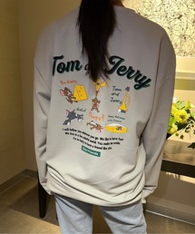 【TOM & JERRY/トムとジェリー】ユニセックス ダンボールスウェット/袖2本ライン/さがら刺繍/アップリケ刺繍