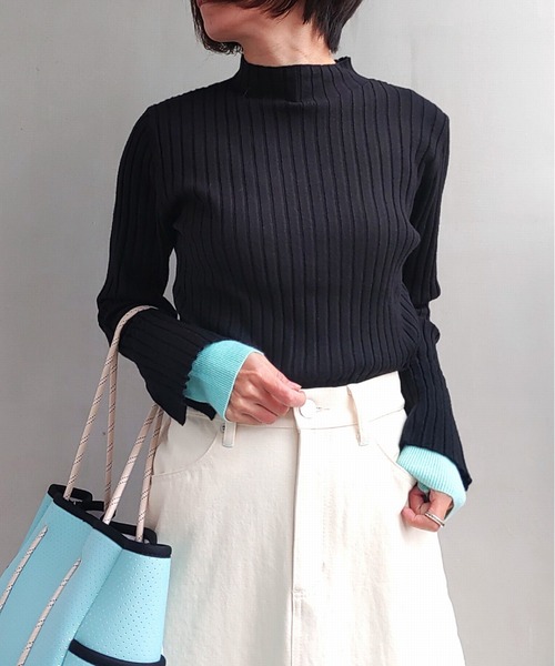 Q（キュー）の「配色リブニット（ニット/セーター・レディース・ブラック/ライトグレー/ライム・MEDIUM）」の5枚目の写真