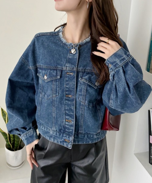 Ada.(エイダ)の「ノーカラー ビッグシルエット ボリュームスリーブ デニムジャケット(デニムジャケット・レディース・ブルー/ブラック/ネイビー・FREE)」の14枚目の写真