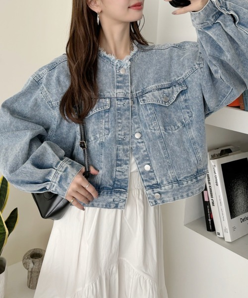 Ada.(エイダ)の「ノーカラー ビッグシルエット ボリュームスリーブ デニムジャケット(デニムジャケット・レディース・ブルー/ブラック/ネイビー・FREE)」の7枚目の写真