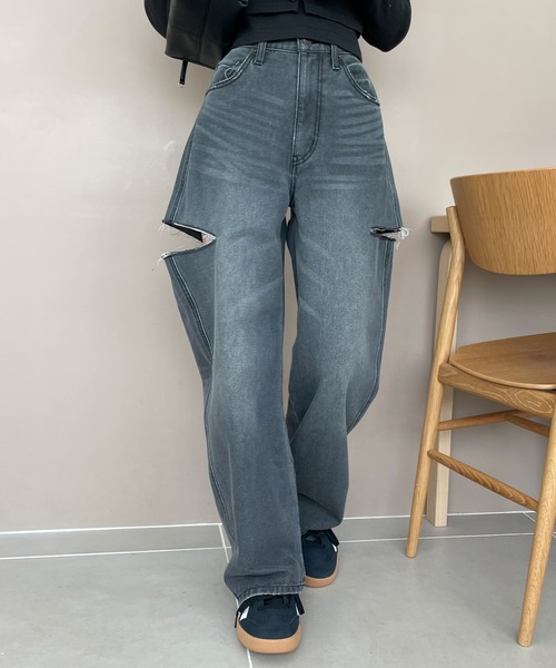 WEGO/【25年春夏新作】サイドカットデニムストレートパンツ