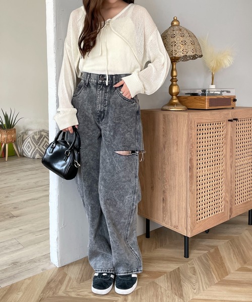 WEGO（ウィゴー）の「WEGO/サイドカットデニムストレートパンツ（デニムパンツ・レディース・スミクロ/ライトインディゴブルー/ブラック系その他・MEDIUM/SMALL）」の11枚目の写真