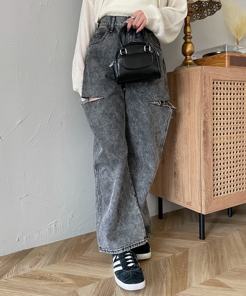 WEGO（ウィゴー）の「WEGO/サイドカットデニムストレートパンツ（デニムパンツ・レディース・スミクロ/ライトインディゴブルー/ブラック系その他・MEDIUM/SMALL）」の9枚目の写真