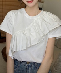 異素材 ラッフルフリル クルーネック 半袖 Tシャツ