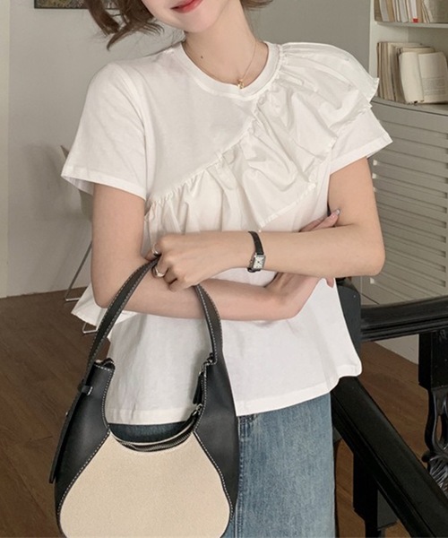 Lace Ladies(レースレディース)の「異素材 ラッフルフリル クルーネック 半袖 Tシャツ(Tシャツ/カットソー・レディース・ホワイト・M/XL)」の2枚目の写真
