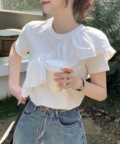 Lace Ladies(レースレディース)の「異素材 ラッフルフリル クルーネック 半袖 Tシャツ(Tシャツ/カットソー・レディース・ホワイト・M/XL)」の3枚目の写真