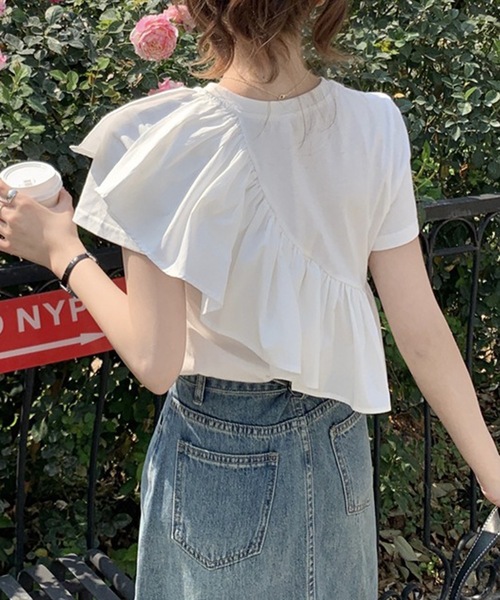 Lace Ladies(レースレディース)の「異素材 ラッフルフリル クルーネック 半袖 Tシャツ(Tシャツ/カットソー・レディース・ホワイト・M/XL)」の5枚目の写真
