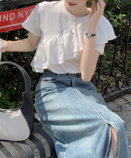 Lace Ladies(レースレディース)の「異素材 ラッフルフリル クルーネック 半袖 Tシャツ(Tシャツ/カットソー・レディース・ホワイト・M/XL)」の6枚目の写真