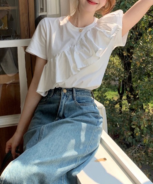 Lace Ladies(レースレディース)の「異素材 ラッフルフリル クルーネック 半袖 Tシャツ(Tシャツ/カットソー・レディース・ホワイト・M/XL)」の9枚目の写真
