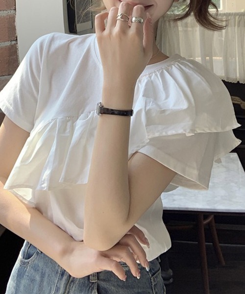 Lace Ladies(レースレディース)の「異素材 ラッフルフリル クルーネック 半袖 Tシャツ(Tシャツ/カットソー・レディース・ホワイト・M/XL)」の7枚目の写真