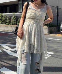 ●コットンレース イレギュラーヘムライン フリルリボンキャミワンピース