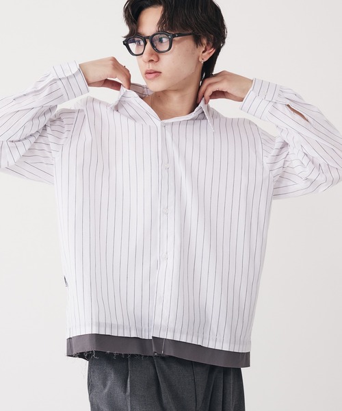 Adoon plain(アドーンプレーン)の「Long Sleeve Layered Stripe Shirt / ロングスリ―ブレイヤードストライプシャツ(シャツ/ブラウス・メンズ・ブルー/ブラック・LARGE/MEDIUM)」の1枚目の写真