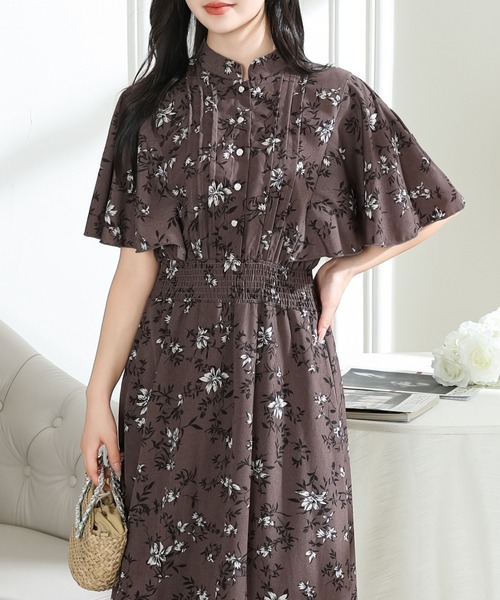 美品！豪華♡スーナウーナ スタンドカラー タック プリーツワンピース 花柄 38 美品！豪華♡スーナウーナ スタンドカラー タック プリーツ