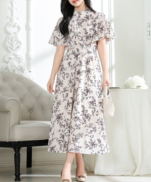 Lace Ladies(レースレディース)の「花柄 スタンドカラー タック ケープスリーブ ワンピース(ワンピース・レディース・ラベンダー/グレー/ブラック・FREE/S)」の4枚目の写真