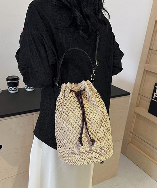 ベージュ　かごバッグ SALE! 30cm ソフト かごバッグ ドット柄 ロングショルダー 大容量 1446